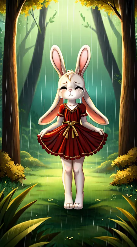 zoomed out image, fantasy style art, cute, adorable, short character, small, tiny little fluffy female white bunny, eyes shut, 4 ears, 2 extra ears, big floppy ears, long ears, ears perked up, raised ears, long eyelashes, poofy rabbit tail, wearing a red f...