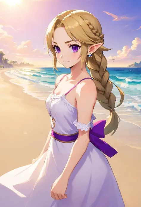 1girl in,hight resolution,  hiquality,  masutepiece, MXMK White Dress,  Bare shoulder, violet eyes, white dres, braid, shock, Beach