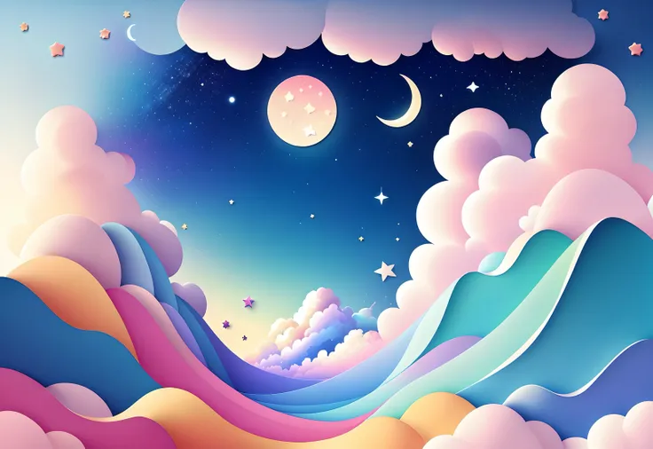 masterpiece, best quality, high quality, High definition, highly detailed 12k wallpaper of a kawaii sky with clouds, stars and moon, kawaii and aesthetic, pastel triadic colors, paper_cut