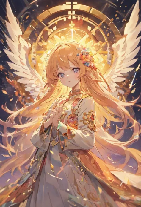 (Chinese illustration paper art gorgeous multicolored long-haired angel halo)+Clear lines isolated on white background+Quilted Paper Art Design Best 4K Images+Very detailed+Cinematic lighting effects with masterpiece quality