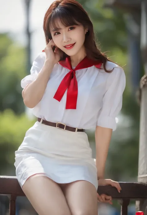 ((An exquisite beauty with bewitching elegance and sex appeal:1.2)), Intricate details, (1 female), ((30 year old mature Japan woman:1.2))、((Outdoor exposure on a street corner in the middle of the night))、(((collared white blouse、red ribbon tie、short slee...