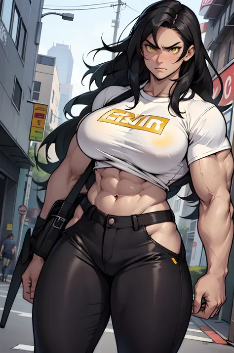 1girl, extremely long hair, solo, ((muscular)), veins, black hair, yellow eyes, blushing, thick thighs, pale skin, strong, veins, abs, big thighs, huge breasts, navel, standing, angry, tight pants, tight shirt