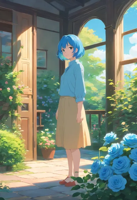 Beautiful country house with well-kept gardens, björk, Strawberry flowers, Blue roses, lightblue hair, Short bob hair