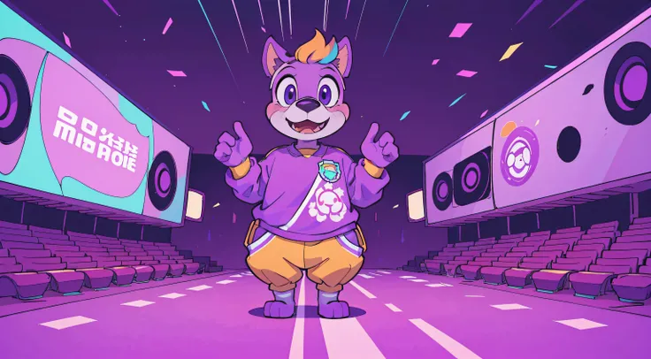 crie um mascote cartoon em destaque, with a fully purple background that highlights your presence. This mascot must represent a specific concept or message, becoming the center of attention in a vibrant and captivating setting.