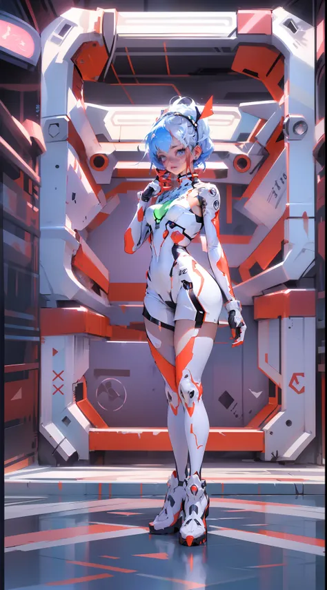 ((Best quality)), ((masterpiece)), (detailed: 1.4), (Absurd), light-skinned lolita with micro bikini, Genesis evangelion neon style clothing, red and white stripes, blue arms with white stars, 2 piece clothing, colored hair, tattoo on arms, cybernetic hand...