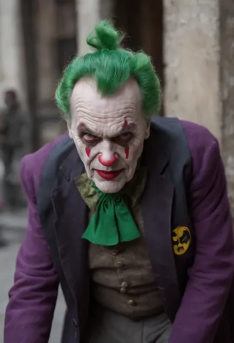 batman comics concept，80-year-old clown beggar with a fierce expression， guffaw，Fitness ，The expression is fierce，Dirty green hair ,Fierce expression,full bodyesbian,kung fu pose，Tattered purple coat，Like a bum，Wandering the streets,very dirty poor,ripped ...