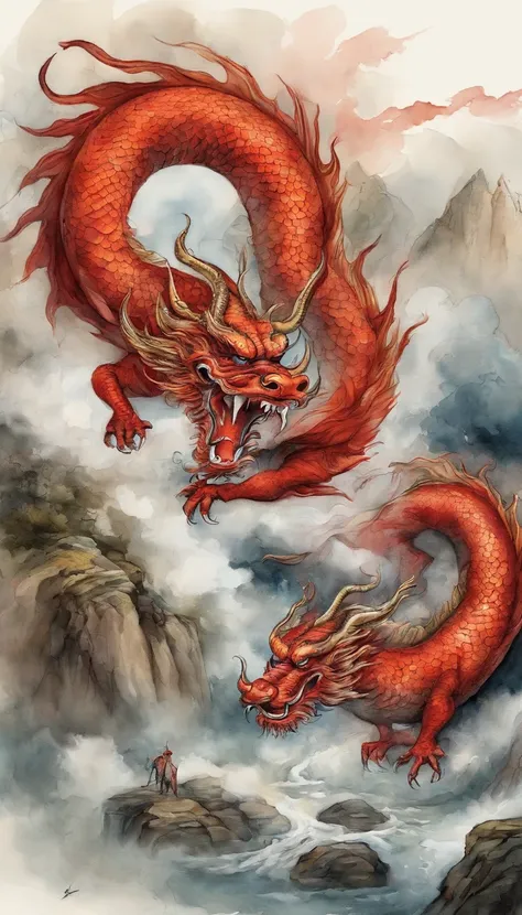 detail Chinese dragon painting，a red dragon horvering in the clouds, ink and watercolor painting，water ink，ink，Smudge，Faraway view，Ultra-wide viewing angle，Meticulous，water ink，Smudge，Meticulous，Smudge，low-saturation，Low contrast，Beautifully depicted，A det...