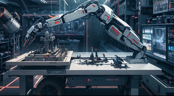 There are three robotic arms on the scientific mechanical workbench (background is or spark flying mechanical technology factory 1.5) (spark 1.8) masterpiece: 1.3) (futuristic technology 1.5) (science fiction 1.3) with unparalleled masterpiece, surreal 8K,...