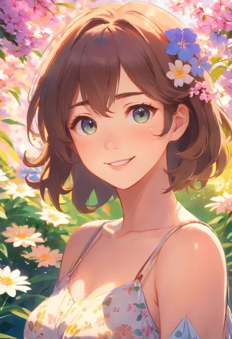 beautiful detailed eyes,beautiful detailed lips,curly hair,longeyelashes,gorgeous face,smiling,summer dress,relaxed pose,surrounded by flowers,soft lighting,romantic atmosphere,impressionistic painting style,vibrant colors,warm color tone.big boobs