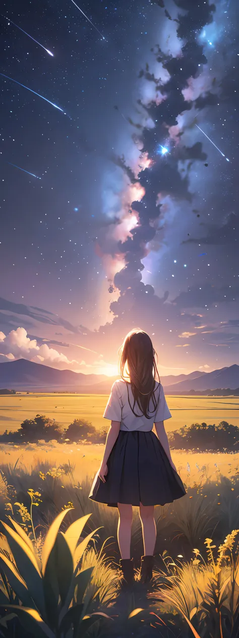 Vast landscape photos, a girl standing on a prairie looking up at the sky, shooting stars, fireflies, dreams