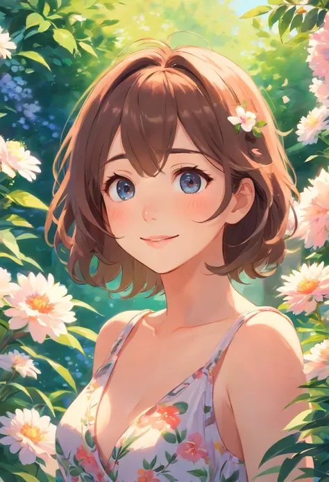 beautiful detailed eyes,beautiful detailed lips,curly hair,longeyelashes,gorgeous face,smiling,summer dress,relaxed pose,surrounded by flowers,soft lighting,romantic atmosphere,impressionistic painting style,vibrant colors,warm color tone.big boobs