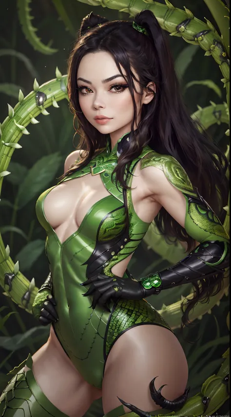 extremely detailed 8k wallpaper, intricate, richly detailed, dramatic, ((Miranda Cosgrove)), anthropomorphic scorpio woman, wears green bodysuit, ((scorpion tail)), wields knives, assassin, makeup, fit, seductive, sexy, hot, sultry, shapely, ready for comb...