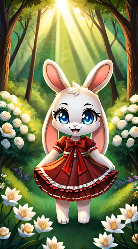 zoomed out image, fantasy style art, cute, adorable, short character, small, tiny little fluffy female white bunny with blue eyes, 4 ears, 2 extra ears, big floppy ears, long ears, ears perked up, raised ears, long eyelashes, poofy rabbit tail, wearing a r...