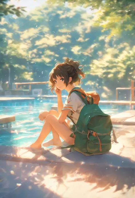 Anime girl sitting on pool bench，Carrying a rucksack, a photorealistic painting by Shitao, Pisif, Realism, Anime style mixed with Fujifilm, next to a pool, Guviz-style artwork, Kantai Collection Style, Makoto Shinkai and ArtGerm, style of anime4 K, sitting...