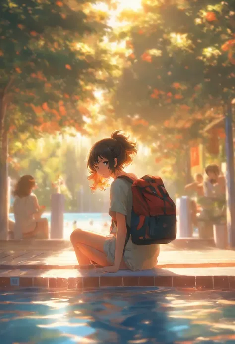 Anime girl sitting on pool bench，Carrying a rucksack, a photorealistic painting by Shitao, Pisif, Realism, Anime style mixed with Fujifilm, next to a pool, Guviz-style artwork, Kantai Collection Style, Makoto Shinkai and ArtGerm, style of anime4 K, sitting...