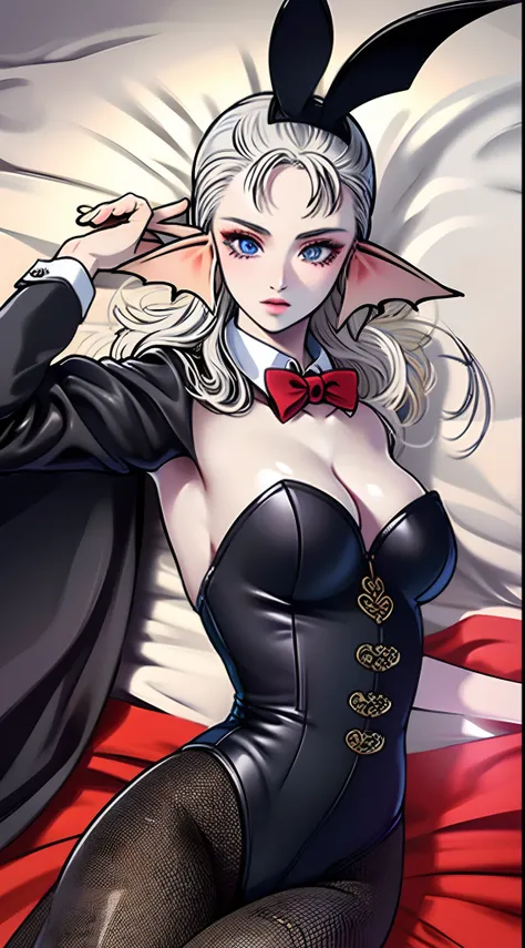 Head to Waist Depiction, Bunny Suit, Black Bunny Suit, Black Leotard, Black Bunny Suit, {{legs in net tights}}, Lying on bed, Lying on bed,8K, High Definition, Animation, Married Woman, Beautiful, Small Face, Beautiful, Bright, Eye Highlight, Sexy, Erotic,...