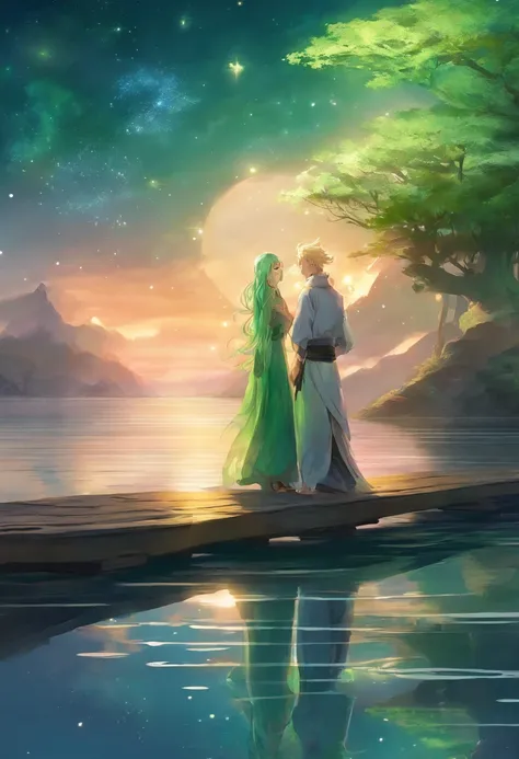 Green-haired Japanese woman with blonde man lying on a pier watching the stars reflected on the water