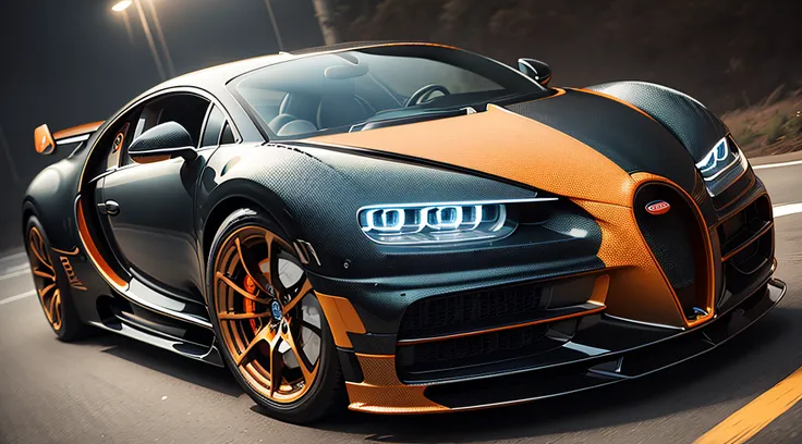 Bugatti Chiron Bugatti Veyron,orange and black color,close-up photo,Photography,clear facial features,Photorealistic,DSLR,full body,