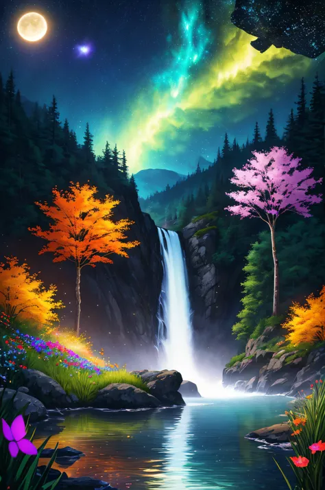 masterpiece, best quality, high quality, extremely detailed cg unity 8k wallpaper, an extremely colorful and purely fantasy environment with vibrant hues and a bright night sky, sky full of stars, landscape of bright green grass, colorful trees, glittering...