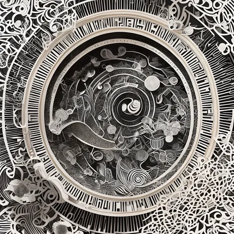 super high image, super detail, super high resolution, Japanese style paper-cut art, monochrome, concert gong with intricate patterns, detailed and delicate, professional lighting