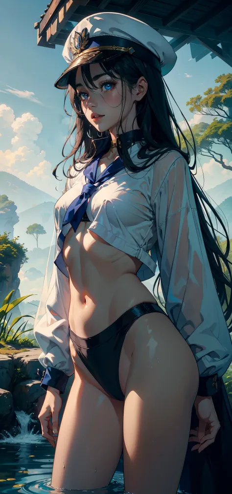 1female，1 year old，Slim，Small loli，smallunderboob ，Pornographic exposure， 独奏，（Background with：ln the forest，the rainforest，in summer） She has long black hair，standing on your feet，Sweat profusely，drenched all over the body，seen from the front， hair straigh...