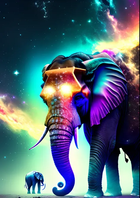 dreamlikeart, galaxy, outer space, nebula, star, [cyberpunked] Asian elephant from the stars (star:1.5),