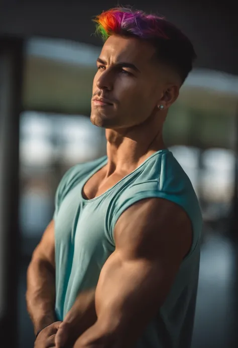 A photo of a man handsome fitness with gym shorts and rainbow short hair