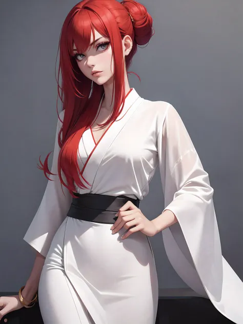 Furious Female Kung fu fighter, red hair, bun hair, straight hair, magic hands, makeup, mascara, Lips are subdued or  colors, Minimalism, simple color palettes, Clean, sharp designs, flowing silhouettes, Tight kimono and pants, high-waisted kimono and pant...