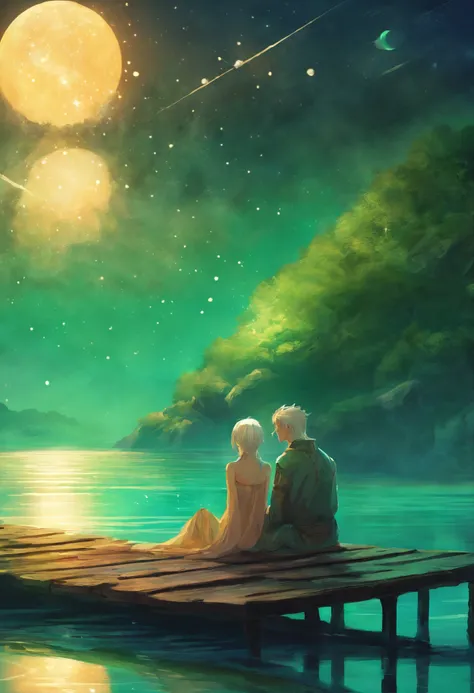 Green-haired Japanese woman with blonde man lying on a pier watching the stars reflected on the water