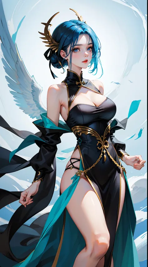 Tall girl, Short blue hair, blue eyes, Black Chinese dress, Blue inserts, open shoulders, big angel wings, Masterpiece, hiquality, high detail, HD, 4k