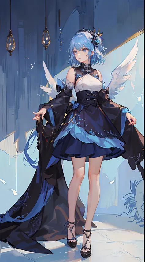 Tall girl, Short blue hair, blue eyes, Black Chinese dress, Blue inserts, open shoulders, big angel wings, Masterpiece, hiquality, high detail, HD, 4k