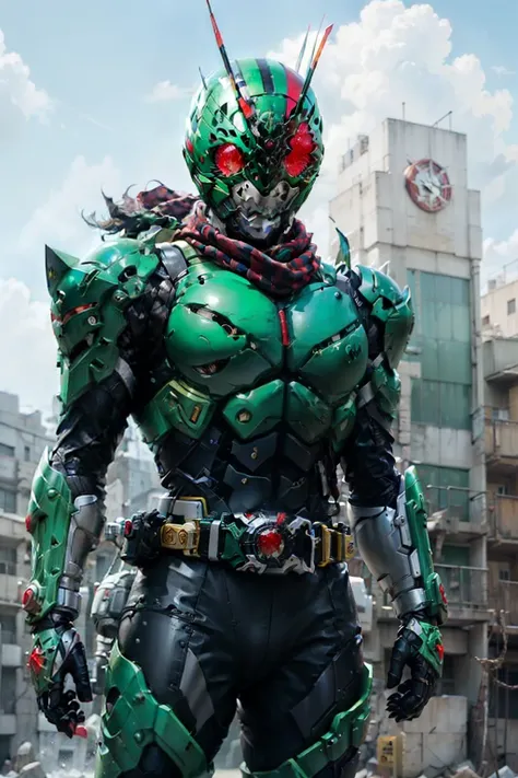 masutepiece, Highest Quality, Illustration, Green bodysuit, red scarf, Mask, helmets, tokusatsu, Belt bag, Dark green combat suit, Grasshopper mask, Solo, Full body, Came,