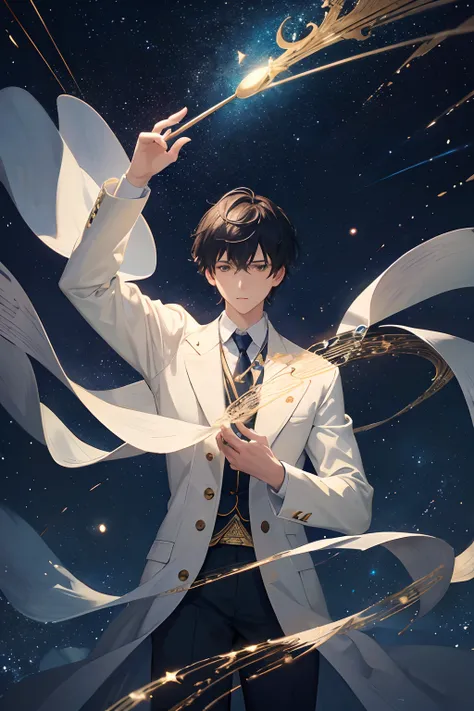 Create exquisite illustrations reminiscent of Makoto Shinkais style, It has ultra-fine details and top-notch quality. Create an illustration where a young man stands beneath a fantastical starry sky, with numerous sheets of music swirling around him as if ...