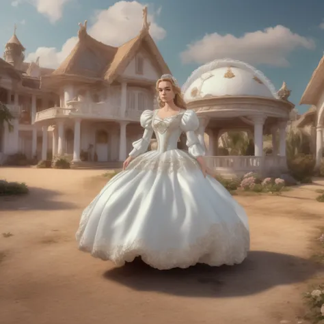 Frustrated Princess Greer Grammer standing in the middle of a village wearing a Stately and Elaborate Cinderella Ballgown of white satin adorned with bows, embroidery and jewels, with (((Enormous Puffed Sleeves))), an hourglass waist, and a (((huge crinoli...