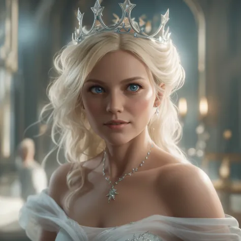 50yr old Gorgeous blonde witch-girl is turned into Cinderella white dress, wearing a crown, against her will, photo-realistic, octane render, unreal engine, ultra-realistic