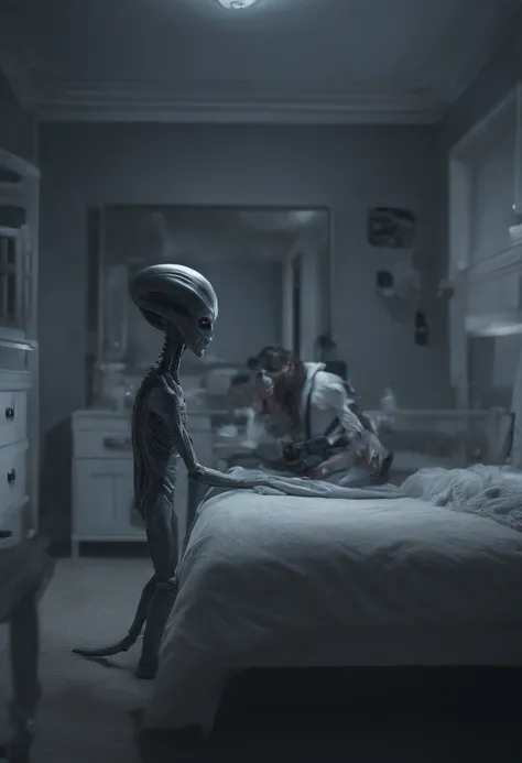 Best quality, Masterpiece, Realistic, Ultra detail, photograph realistic, Ultra-realistic camera footage of a gray alien kidnapping a sleeping child in a bedroom, night vision