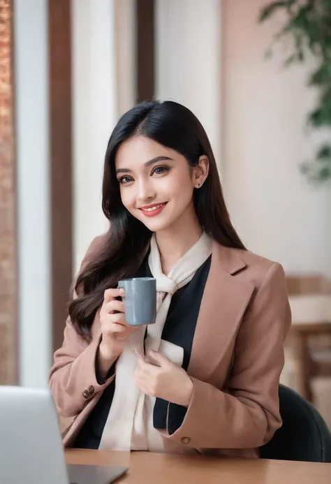 Wearing coat, upper body, overcoat, necklace on the chest, smiling at the desk in coffee cafe day with red walls nice ambience, long and straight black hair, young indian woman with holding a cup of coffee, sitting on the chair, working on the computer, st...