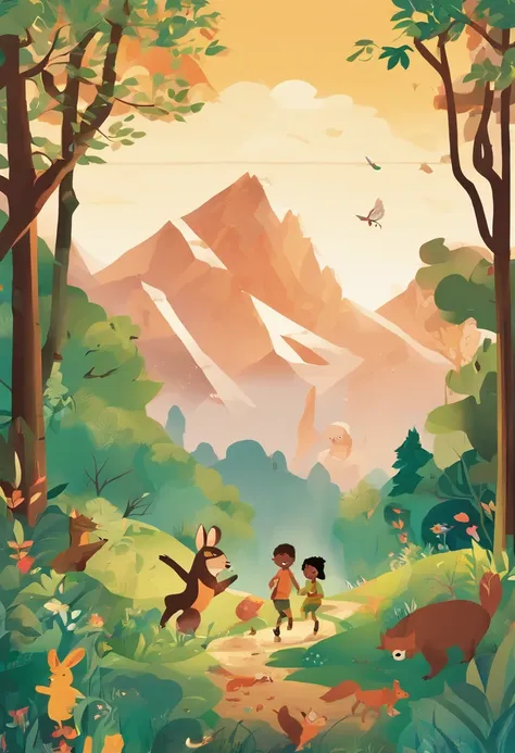 kids playing in a lush green forest beside a majestic mountain, surrounded by an array of lively animals. The scene captures the joyful energy of the children as they explore the natural wonders of the outdoors. The dense forest provides a vibrant backdrop...