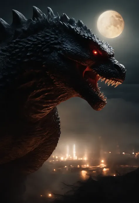 Strange monsters in a fantasy world，Godzilla，A coarse laser sprays out of the mouth，Blood，Covered with thick spikes，Moon Night，中景 the scene is，Full body like， highly detailed surreal vfx，oc rendered，Shot with 70 mm - AR 16:9 --q 2 --s 1000