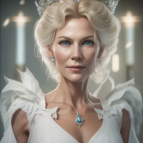 50 yrs. old Gorgeous blonde witch in white dress, wearing a princess crown, against her will, photo-realistic, octane render, unreal engine, ultra-realistic