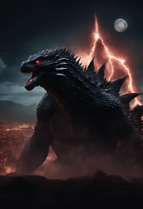 Strange monsters in a fantasy world，Godzilla，A coarse laser sprays out of the mouth，Blood，Covered with thick spikes，Moon Night，中景 the scene is，Full body like， highly detailed surreal vfx，oc rendered，Shot with 70 mm - AR 16:9 --q 2 --s 1000