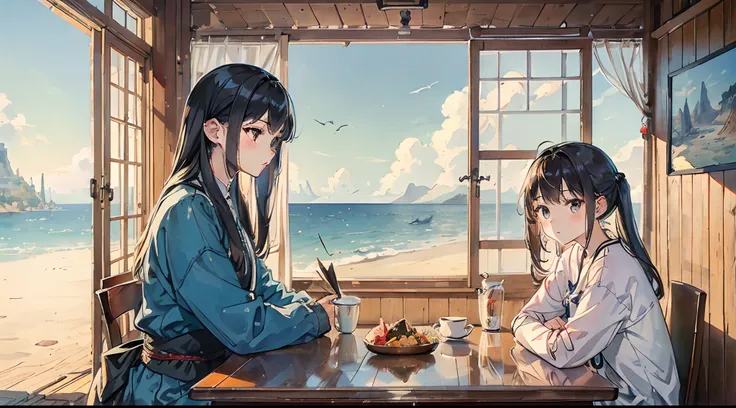 best qualtiy、细致背景、girl with、You can see the sea in the distance、Sitting in the dining room、a bird、delicated face