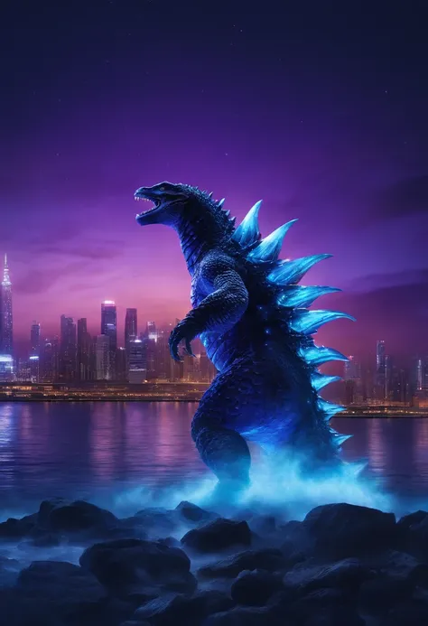 Godzilla , the ocean，The background is a futuristic city, scifi style, blue and violet, brightly, Sky background at night，There are many stars and a moon that splits in two. Ultra photo realsisim