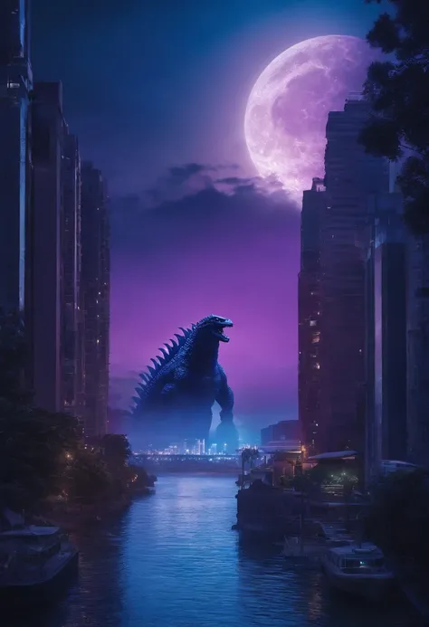 Godzilla , the ocean，The background is a futuristic city, scifi style, blue and violet, brightly, Sky background at night，There are many stars and a moon that splits in two. Ultra photo realsisim