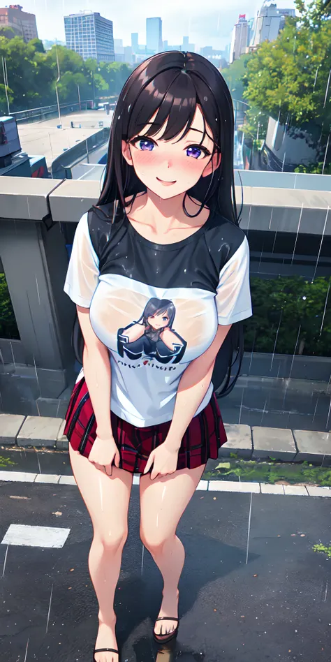 Realistic, outdoor, park, wide angle, raining, NSFW, soaking wet, 1girl, long hair, shy, happy, blushed, POV, from above, wide angle, standing, casual clothes, t-shirt, skirt