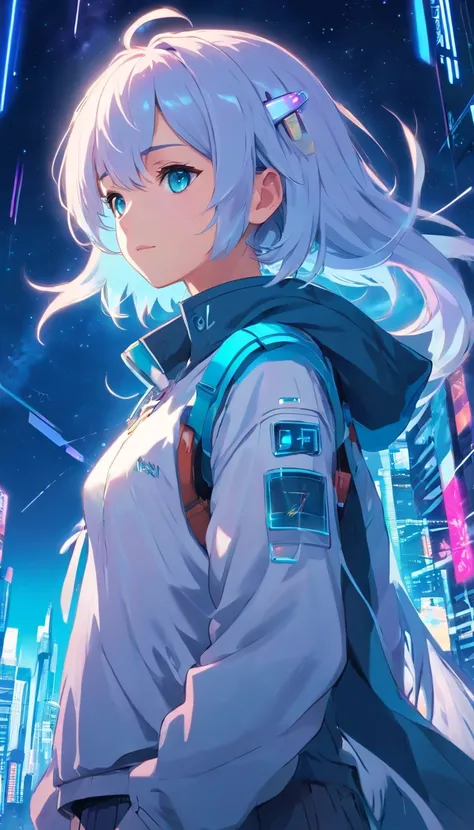 A little girl，white color hair，Cyan hair is dyed，long whitr hair，Glowing cyan eyes，Mechanical animal ears，He held a large white sword in his left hand，full bodyesbian，looking at the stars，Chosen Ji，cyber punk perssonage，A futuristic，neonlight，Cinematic com...