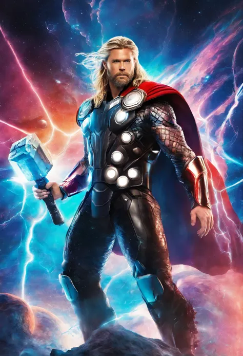 Thor the hammer on his hand and realistic face and futuristic background