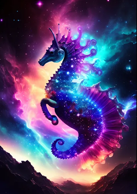 dreamlikeart, galaxy, outer space, nebula, star, [cyberpunked] Seahorse from the stars (star:1.5),