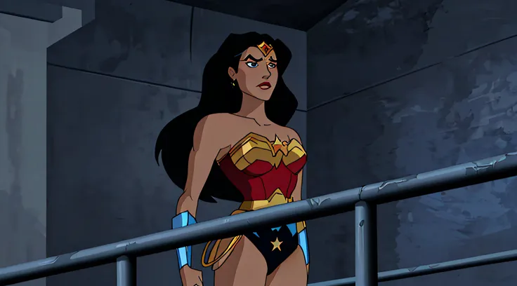 a close up of a woman in a costume standing on a railing, wonder woman, in the justice league unlimited, dressed as wonder woman, but a stern look about her, inspired by Bruce Timm, portrait of wonder woman, heroic look, large breasts, looking at viewer, b...