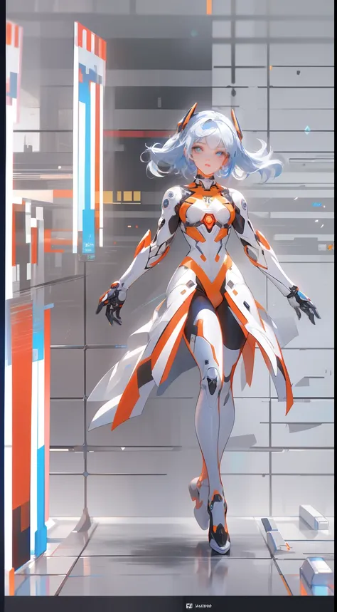 1 mechanical girl, solo person, full bodyesbian，Machine-made joints，sci-fy ，（（best qualtiy））， （（tmasterpiece））， （A detailed： 1.4）， （absurderes）， light-skinned lolita with micro bikini， Genesis Evangelion neon style costume， red and white stripes， blue arms...